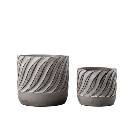 URBAN TRENDS COLLECTION Cement Round Pot with Embossed Wave Pattern  Dark Edges Design Body Gray Set of 2 19303